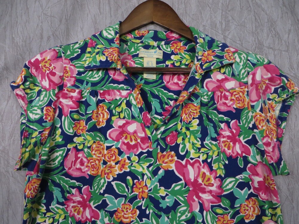 Caribbean Joe Womens Petite L Floral Polo Shirt Stretch Short Sleeve Cotton Top